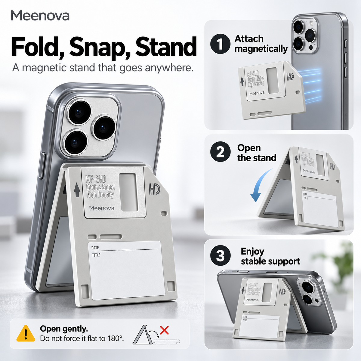 Meenova Retro Floppy Disk Magnetic Phone Stand with Mirror, Foldable Acrylic Desktop Holder 英文 HTML 描述