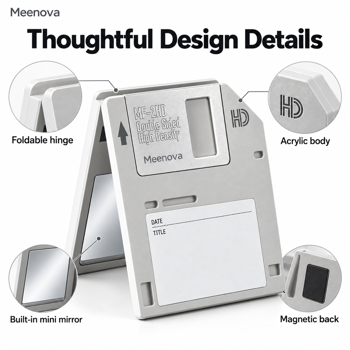 Meenova Retro Floppy Disk Magnetic Phone Stand with Mirror, Foldable Acrylic Desktop Holder 英文 HTML 描述