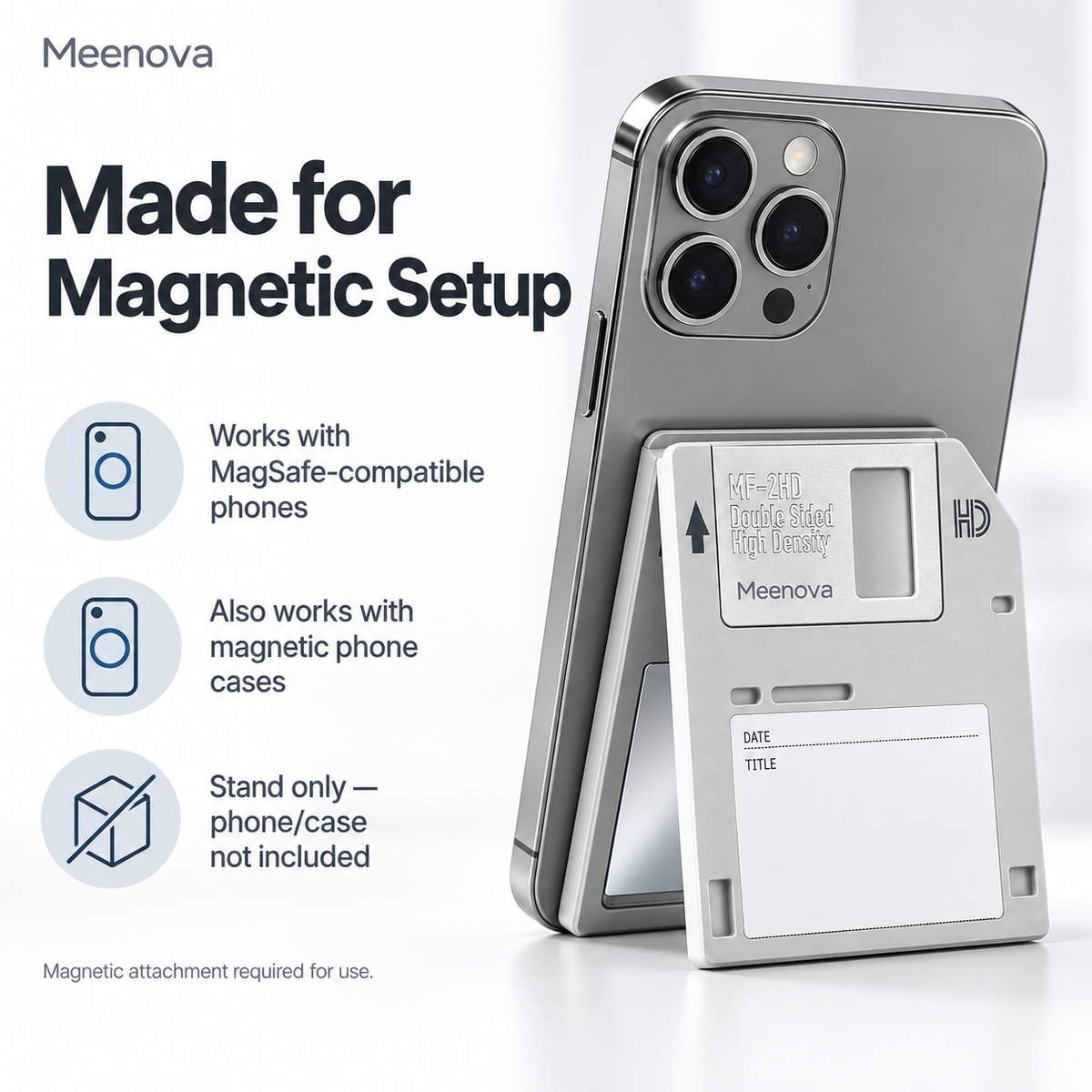 Meenova Retro Floppy Disk Magnetic Phone Stand with Mirror, Foldable Acrylic Desktop Holder 英文 HTML 描述