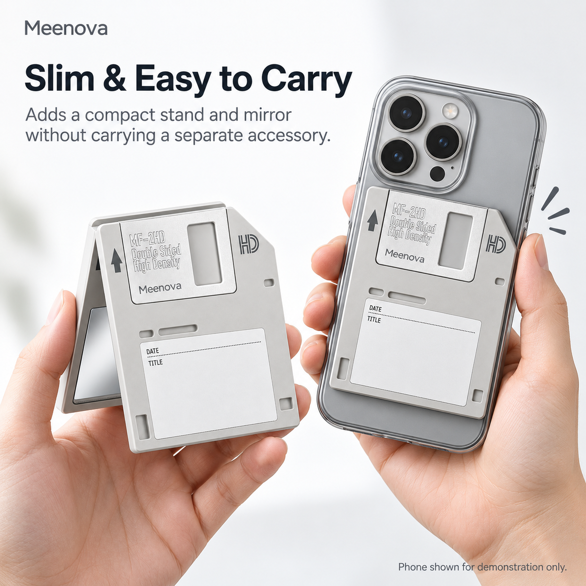 Meenova Retro Floppy Disk Magnetic Phone Stand with Mirror, Foldable Acrylic Desktop Holder 英文 HTML 描述