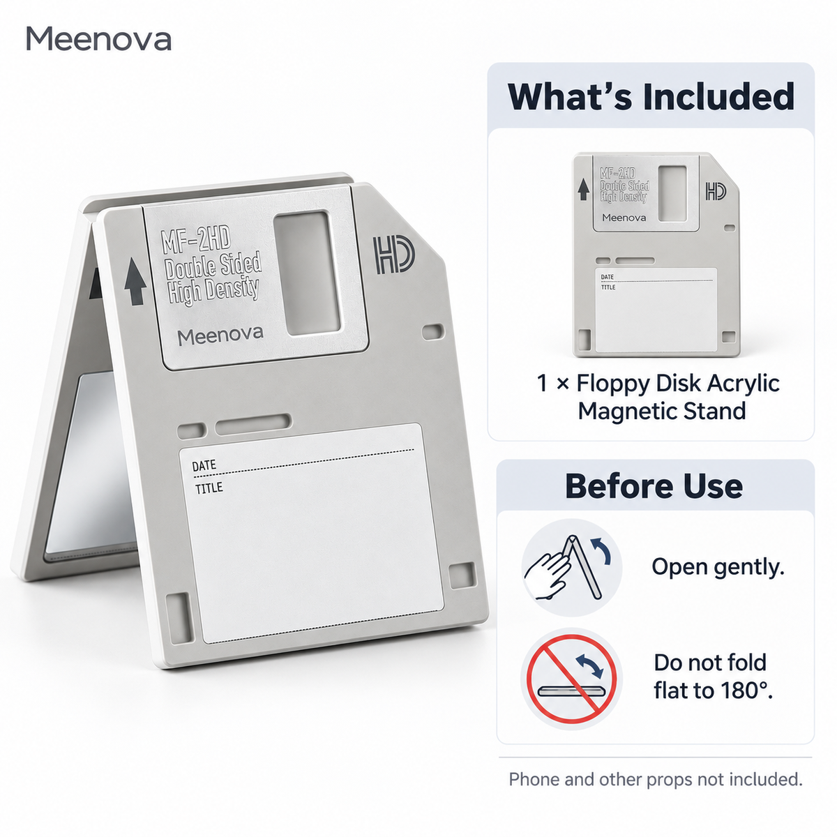 Meenova Retro Floppy Disk Magnetic Phone Stand with Mirror, Foldable Acrylic Desktop Holder 英文 HTML 描述