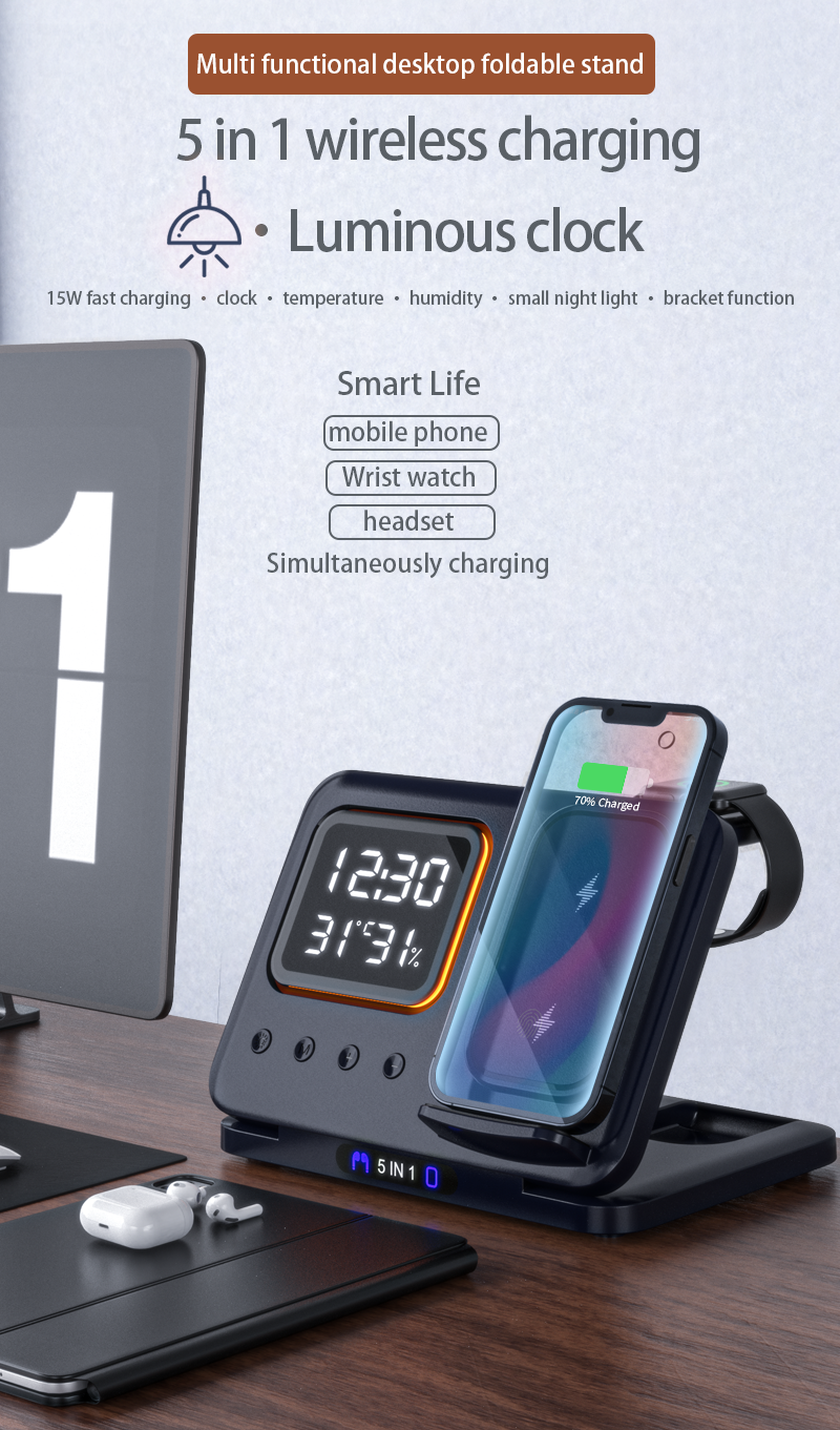Meenova 5-in-1 Wireless Charging Station with Digital Clock, Night Light, Temperature & Humidity Display, Foldable Charging Stand for iPhone, Apple Watch & AirPods
