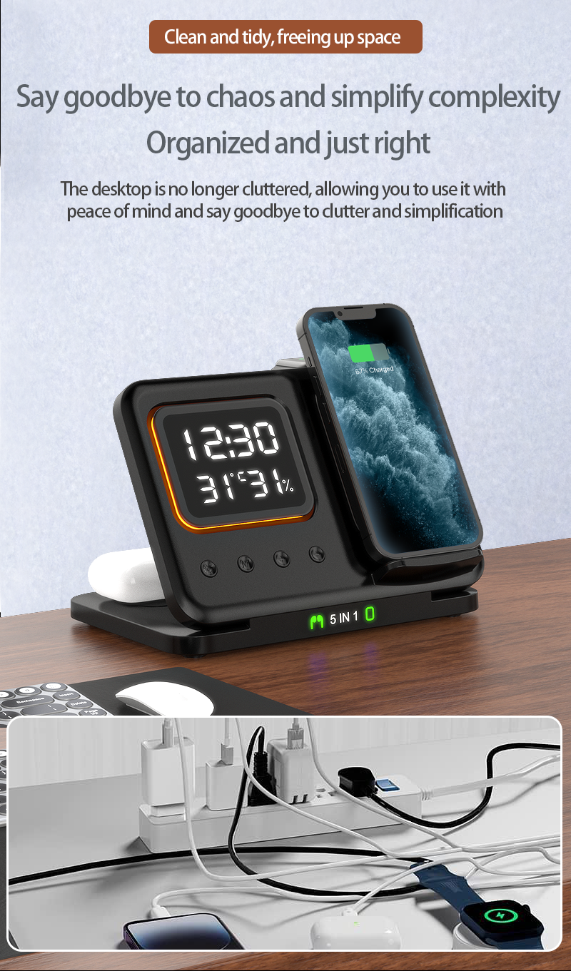 Meenova 5-in-1 Wireless Charging Station with Digital Clock, Night Light, Temperature & Humidity Display, Foldable Charging Stand for iPhone, Apple Watch & AirPods