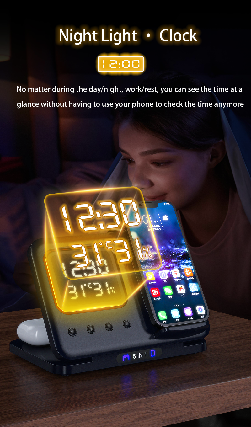 Meenova 5-in-1 Wireless Charging Station with Digital Clock, Night Light, Temperature & Humidity Display, Foldable Charging Stand for iPhone, Apple Watch & AirPods