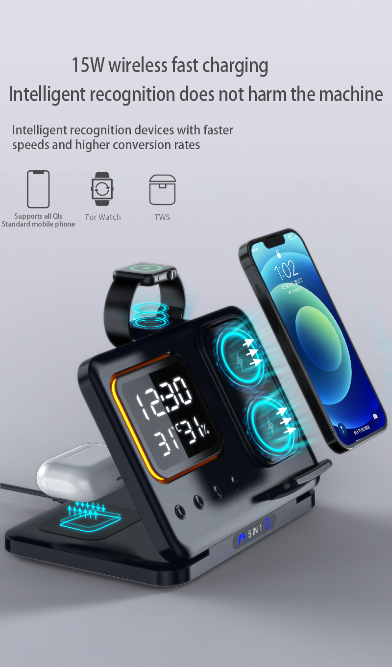 Meenova 5-in-1 Wireless Charging Station with Digital Clock, Night Light, Temperature & Humidity Display, Foldable Charging Stand for iPhone, Apple Watch & AirPods