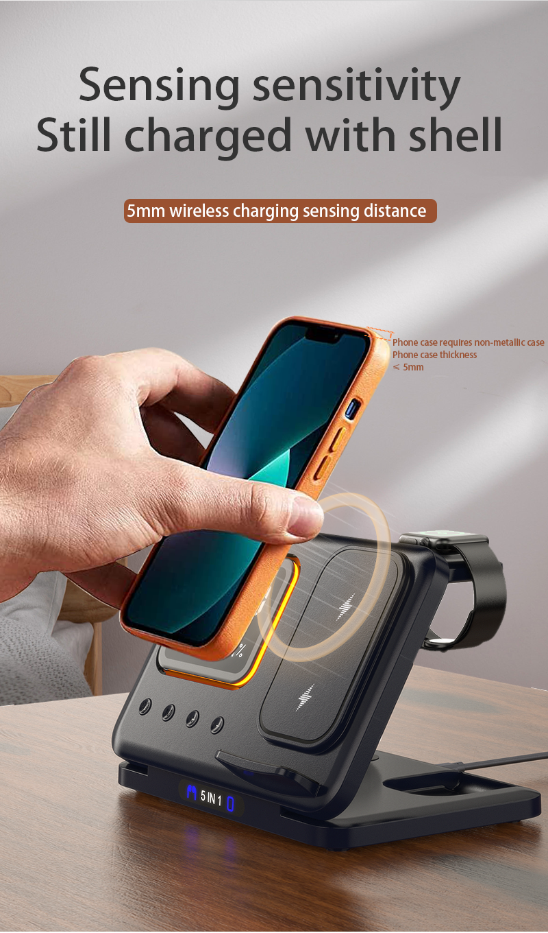 Meenova 5-in-1 Wireless Charging Station with Digital Clock, Night Light, Temperature & Humidity Display, Foldable Charging Stand for iPhone, Apple Watch & AirPods