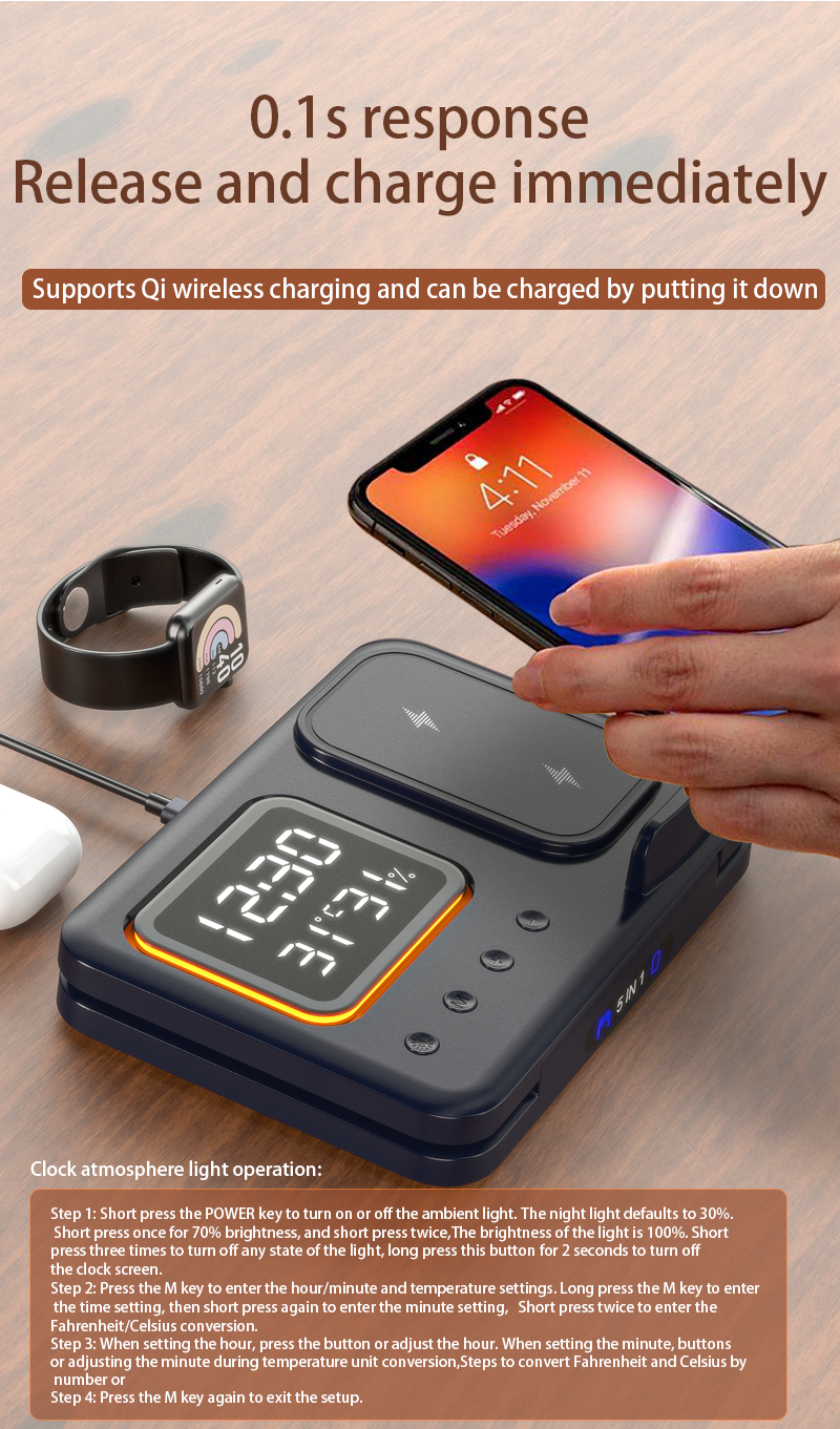 Meenova 5-in-1 Wireless Charging Station with Digital Clock, Night Light, Temperature & Humidity Display, Foldable Charging Stand for iPhone, Apple Watch & AirPods
