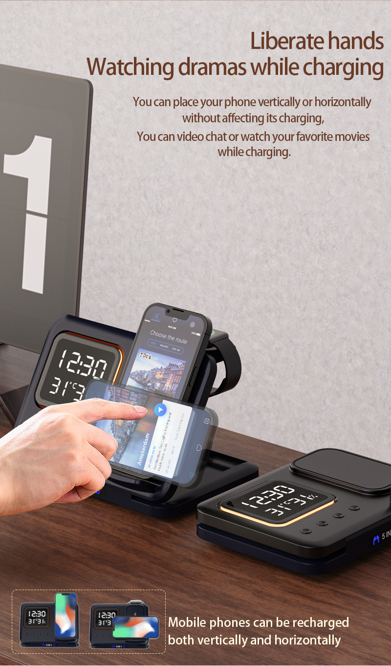 Meenova 5-in-1 Wireless Charging Station with Digital Clock, Night Light, Temperature & Humidity Display, Foldable Charging Stand for iPhone, Apple Watch & AirPods