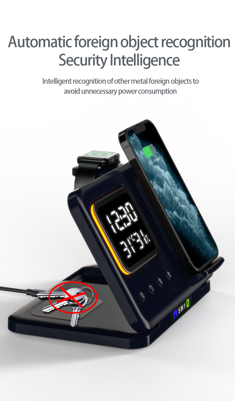 Meenova 5-in-1 Wireless Charging Station with Digital Clock, Night Light, Temperature & Humidity Display, Foldable Charging Stand for iPhone, Apple Watch & AirPods