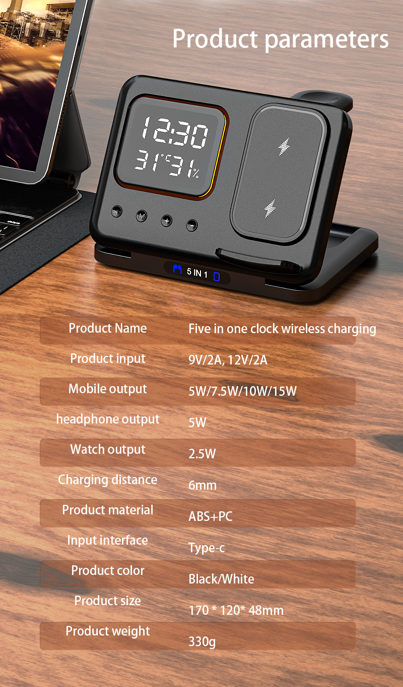Meenova 5-in-1 Wireless Charging Station with Digital Clock, Night Light, Temperature & Humidity Display, Foldable Charging Stand for iPhone, Apple Watch & AirPods