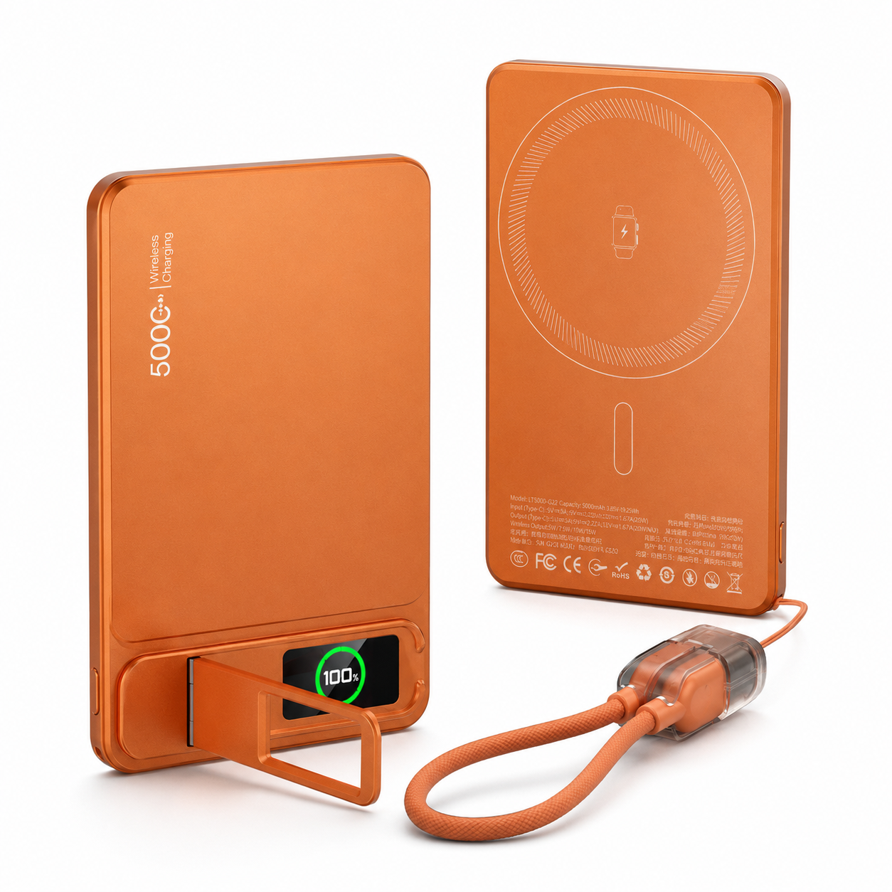 Ultra-Thin Magnetic MagSafe Power Bank – 5000mAh 9.9mm / 10000mAh 14mm, 15W Wireless Charging, 20W USB-C, Built-In Cable, Stand & TFT Display – Orange, Pink, Grey, Silver
