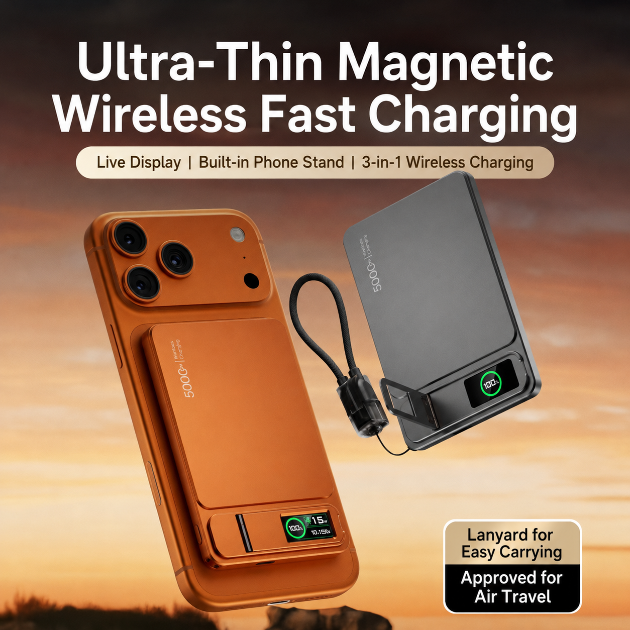 Ultra-Thin Magnetic MagSafe Power Bank – 5000mAh 9.9mm / 10000mAh 14mm, 15W Wireless Charging, 20W USB-C, Built-In Cable, Stand & TFT Display – Orange, Pink, Grey, Silver