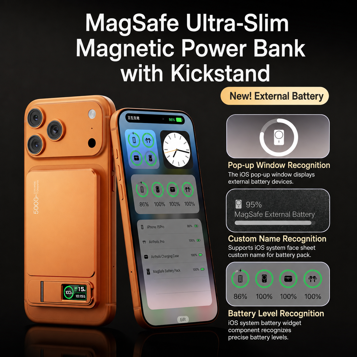 Ultra-Thin Magnetic MagSafe Power Bank – 5000mAh 9.9mm / 10000mAh 14mm, 15W Wireless Charging, 20W USB-C, Built-In Cable, Stand & TFT Display – Orange, Pink, Grey, Silver