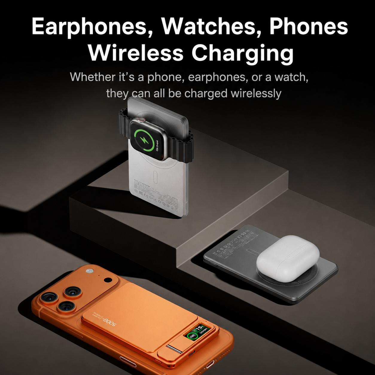 Ultra-Thin Magnetic MagSafe Power Bank – 5000mAh 9.9mm / 10000mAh 14mm, 15W Wireless Charging, 20W USB-C, Built-In Cable, Stand & TFT Display – Orange, Pink, Grey, Silver
