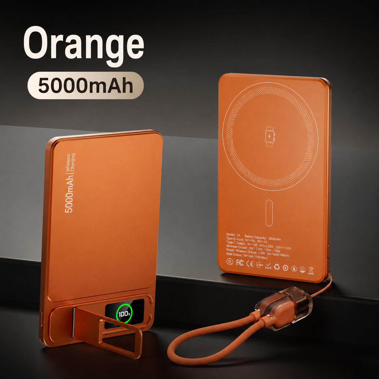 Ultra-Thin Magnetic MagSafe Power Bank – 5000mAh 9.9mm / 10000mAh 14mm, 15W Wireless Charging, 20W USB-C, Built-In Cable, Stand & TFT Display – Orange, Pink, Grey, Silver