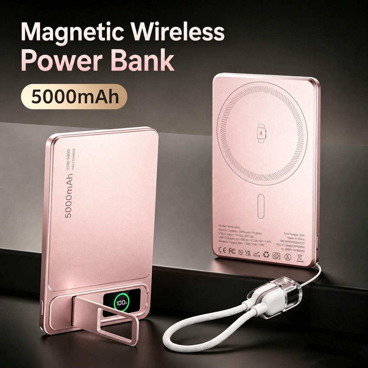 Ultra-Thin Magnetic MagSafe Power Bank – 5000mAh 9.9mm / 10000mAh 14mm, 15W Wireless Charging, 20W USB-C, Built-In Cable, Stand & TFT Display – Orange, Pink, Grey, Silver