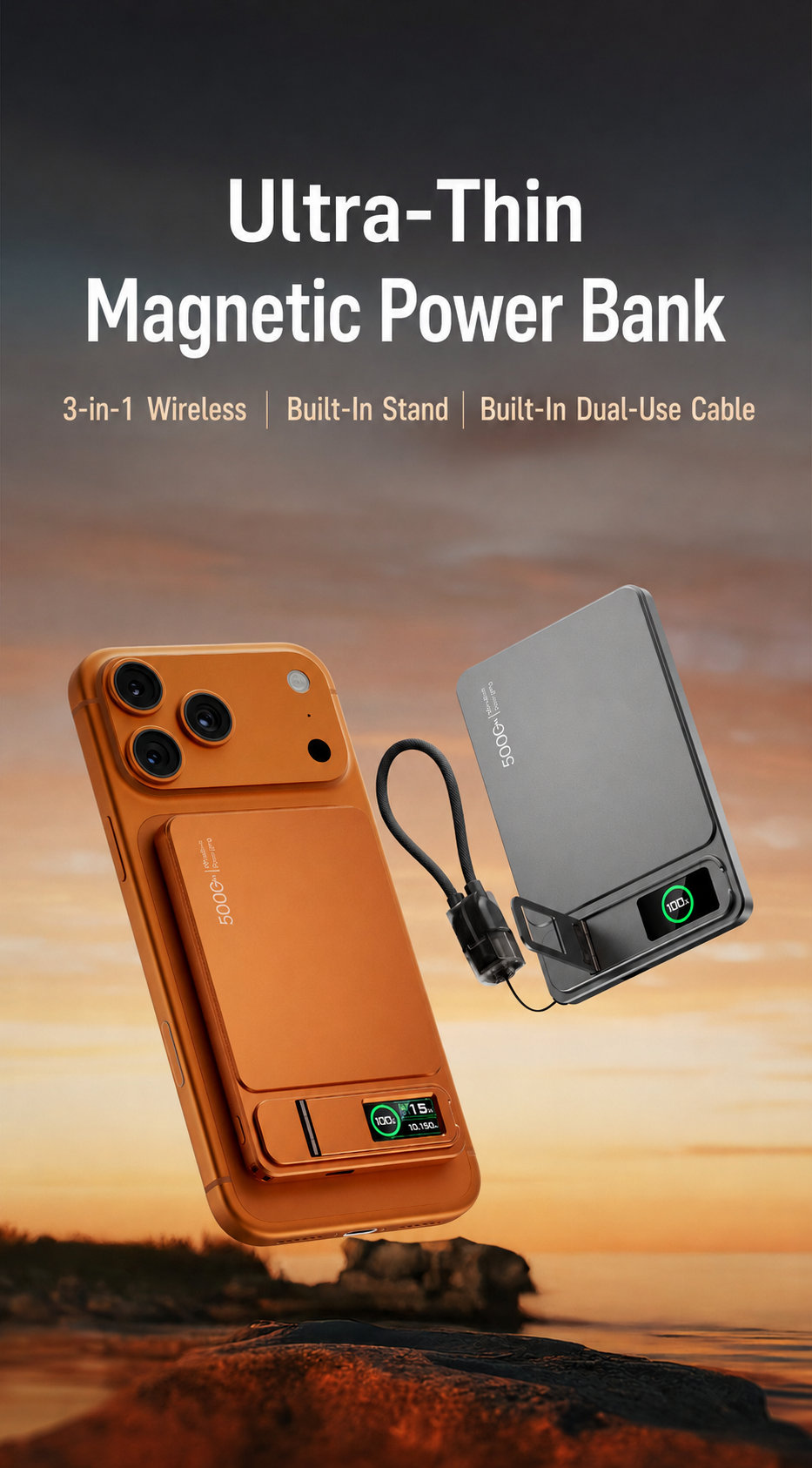 Ultra-Thin Magnetic MagSafe Power Bank – 5000mAh 9.9mm / 10000mAh 14mm, 15W Wireless Charging, 20W USB-C, Built-In Cable, Stand & TFT Display – Orange, Pink, Grey, Silver