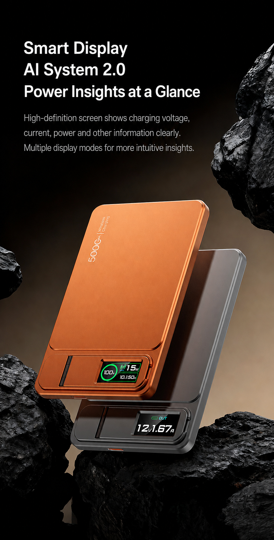 Ultra-Thin Magnetic MagSafe Power Bank – 5000mAh 9.9mm / 10000mAh 14mm, 15W Wireless Charging, 20W USB-C, Built-In Cable, Stand & TFT Display – Orange, Pink, Grey, Silver
