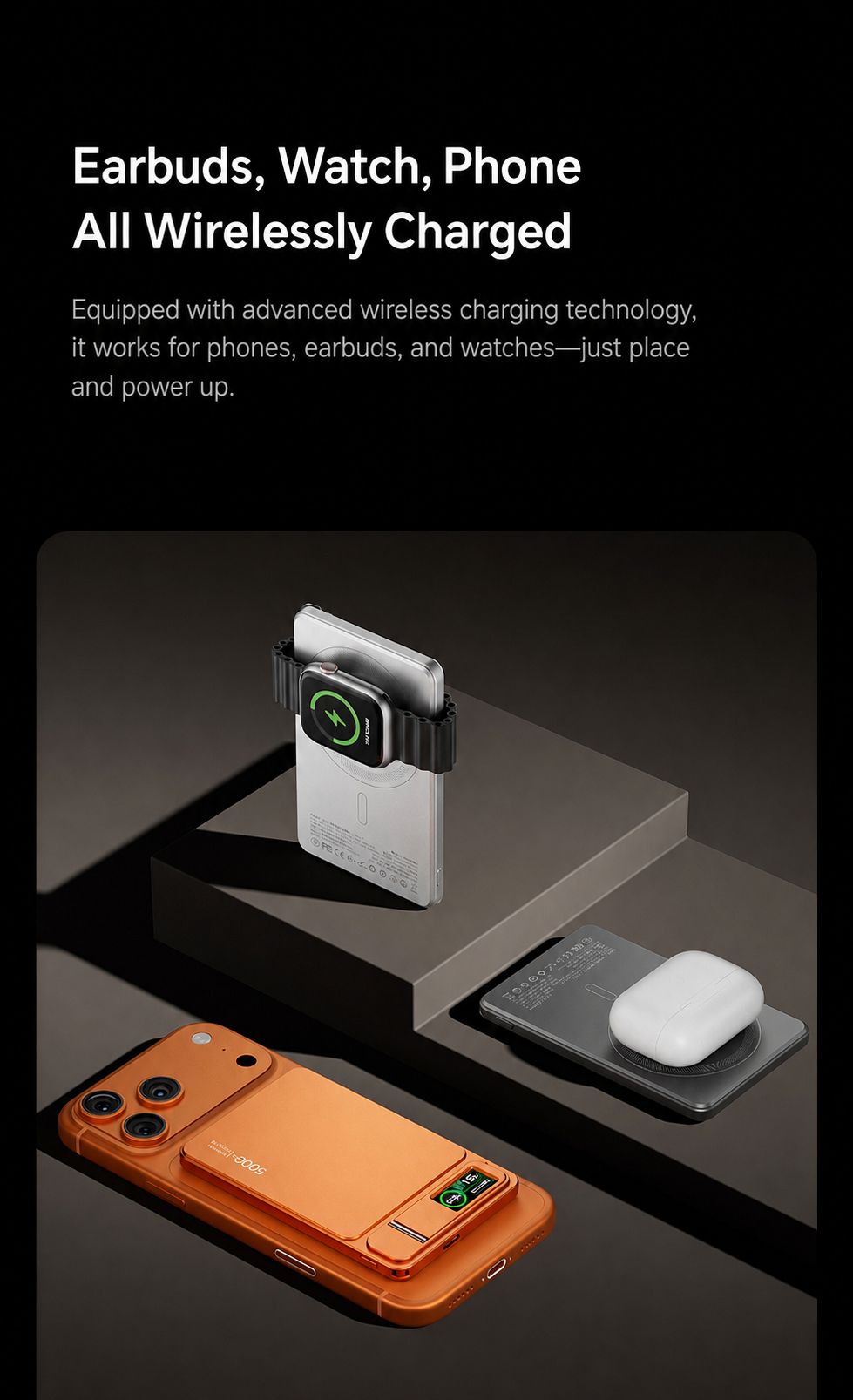 Ultra-Thin Magnetic MagSafe Power Bank – 5000mAh 9.9mm / 10000mAh 14mm, 15W Wireless Charging, 20W USB-C, Built-In Cable, Stand & TFT Display – Orange, Pink, Grey, Silver