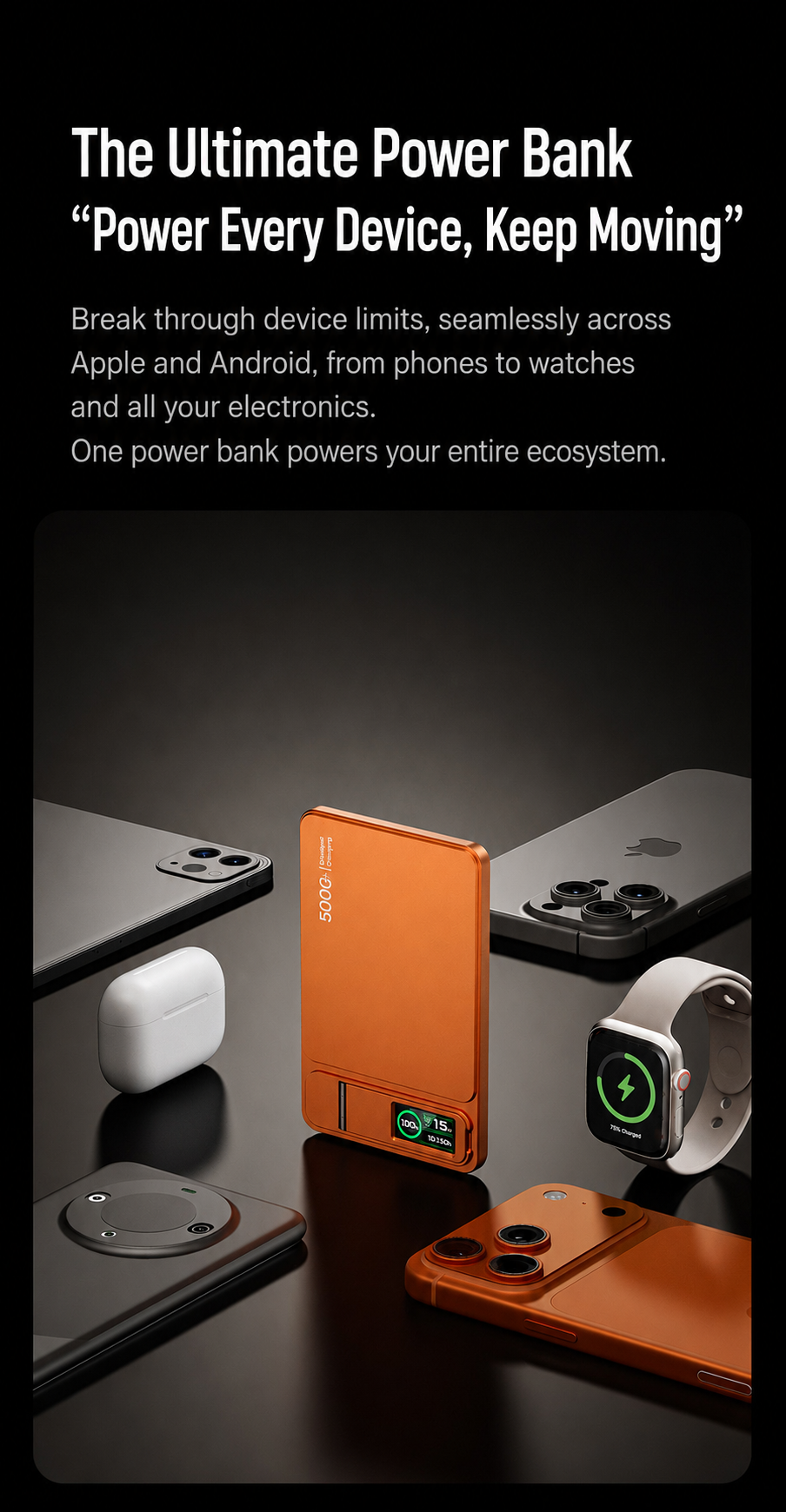 Ultra-Thin Magnetic MagSafe Power Bank – 5000mAh 9.9mm / 10000mAh 14mm, 15W Wireless Charging, 20W USB-C, Built-In Cable, Stand & TFT Display – Orange, Pink, Grey, Silver