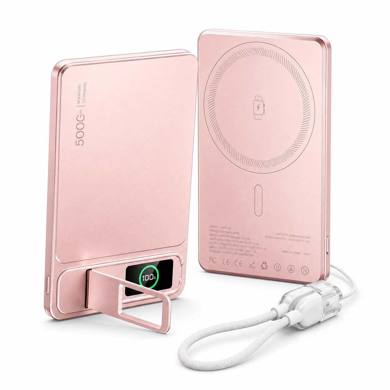 Ultra-Thin Magnetic MagSafe Power Bank – 5000mAh 9.9mm / 10000mAh 14mm, 15W Wireless Charging, 20W USB-C, Built-In Cable, Stand & TFT Display – Orange, Pink, Grey, Silver