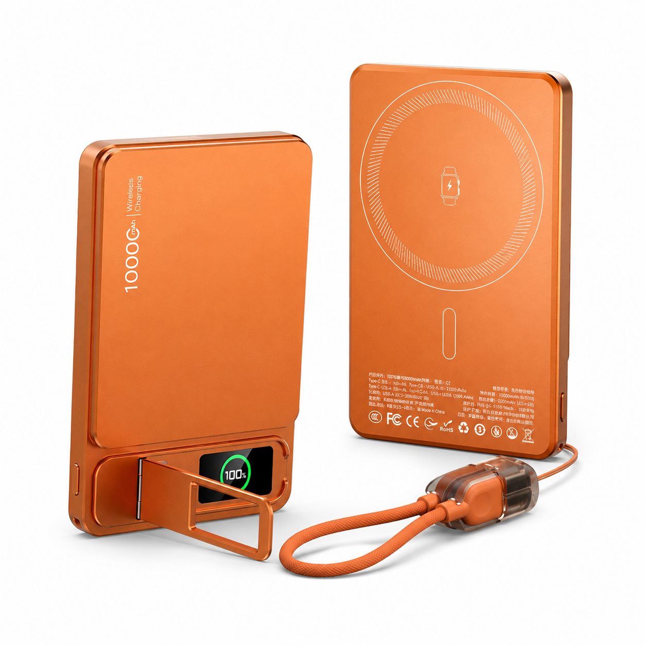 Ultra-Thin Magnetic MagSafe Power Bank – 5000mAh 9.9mm / 10000mAh 14mm, 15W Wireless Charging, 20W USB-C, Built-In Cable, Stand & TFT Display – Orange, Pink, Grey, Silver