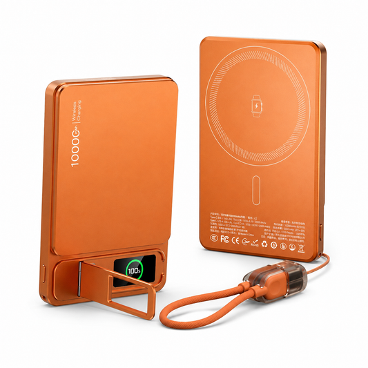 Meenova Ultra-Thin Magnetic MagSafe Power Bank – 5000mAh 9.9mm / 10000mAh 14mm, 15W Wireless Charging, 20W USB-C, Built-In Cable, Stand & TFT Display – Orange, Pink, Grey, Silver