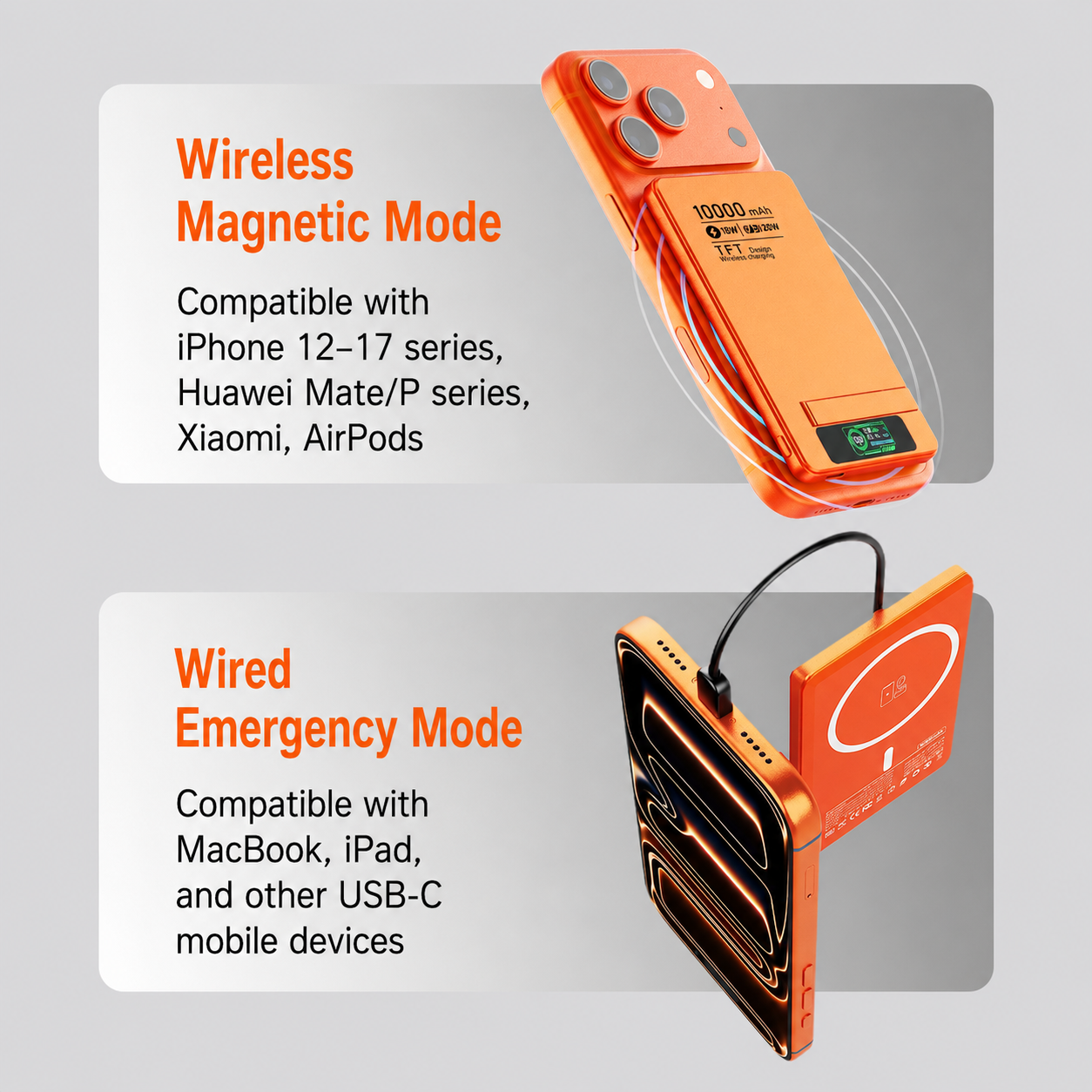 Meenova Ultra-Thin Magnetic MagSafe Power Bank with Stand – 5000mAh 8.5mm / 10000mAh 13.8mm, 15W Wireless Charging, 20W USB-C, TFT Display, Orange/Gray/Silver