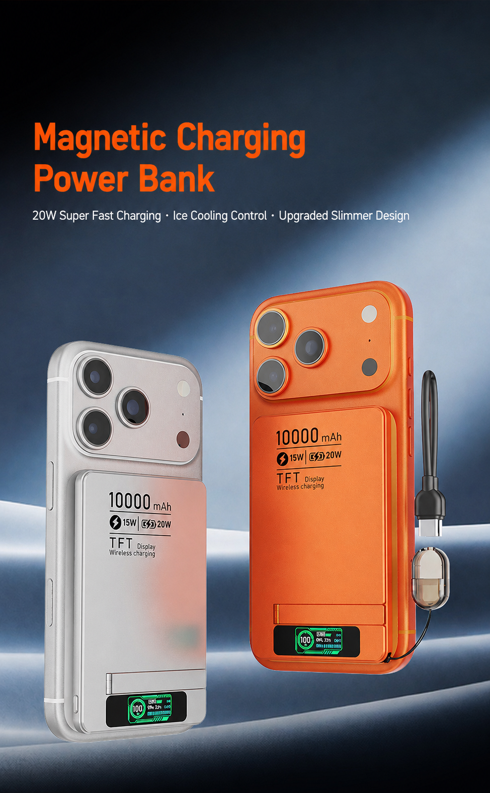 Meenova Ultra-Thin Magnetic MagSafe Power Bank with Stand – 5000mAh 8.5mm / 10000mAh 13.8mm, 15W Wireless Charging, 20W USB-C, TFT Display, Orange/Gray/Silver
