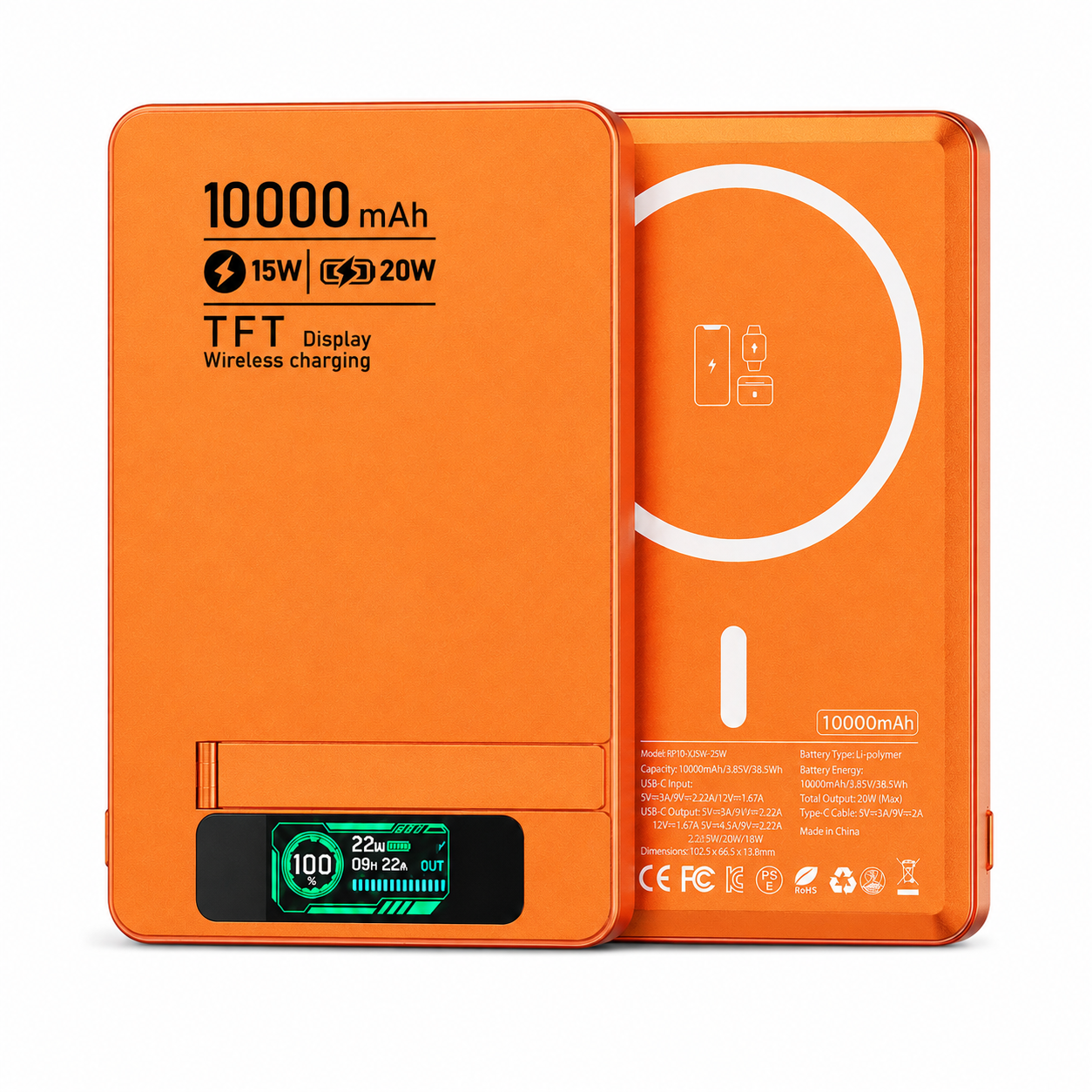Meenova Ultra-Thin Magnetic MagSafe Power Bank with Stand – 5000mAh 8.5mm / 10000mAh 13.8mm, 15W Wireless Charging, 20W USB-C, TFT Display, Orange/Gray/Silver