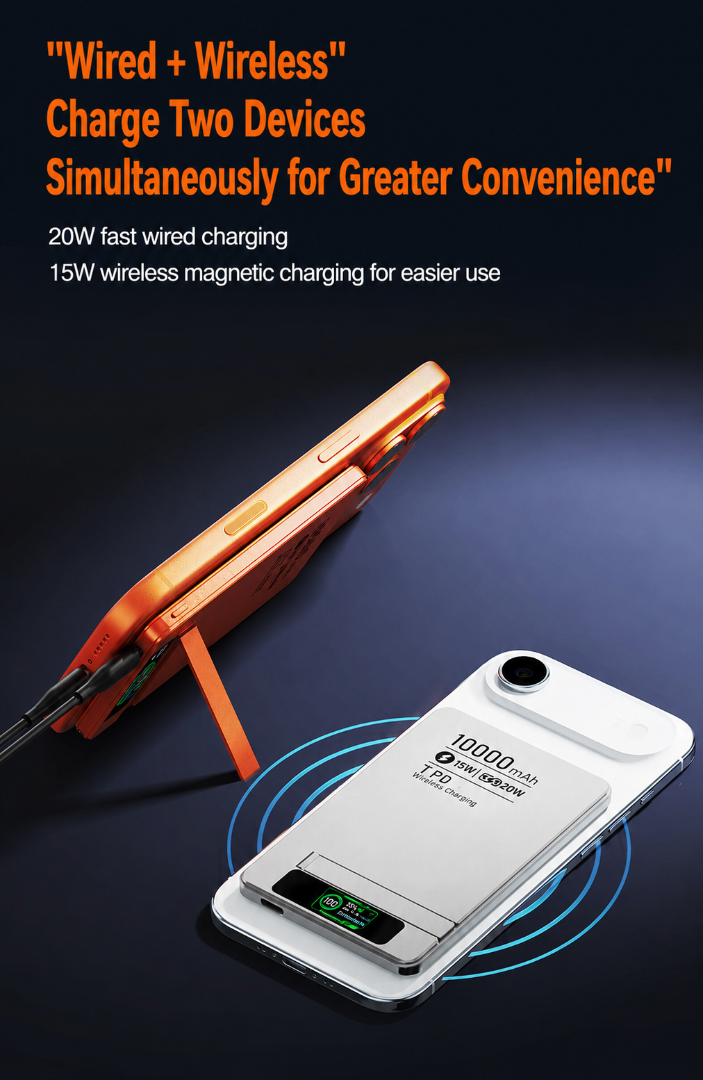 Meenova Ultra-Thin Magnetic MagSafe Power Bank with Stand – 5000mAh 8.5mm / 10000mAh 13.8mm, 15W Wireless Charging, 20W USB-C, TFT Display, Orange/Gray/Silver