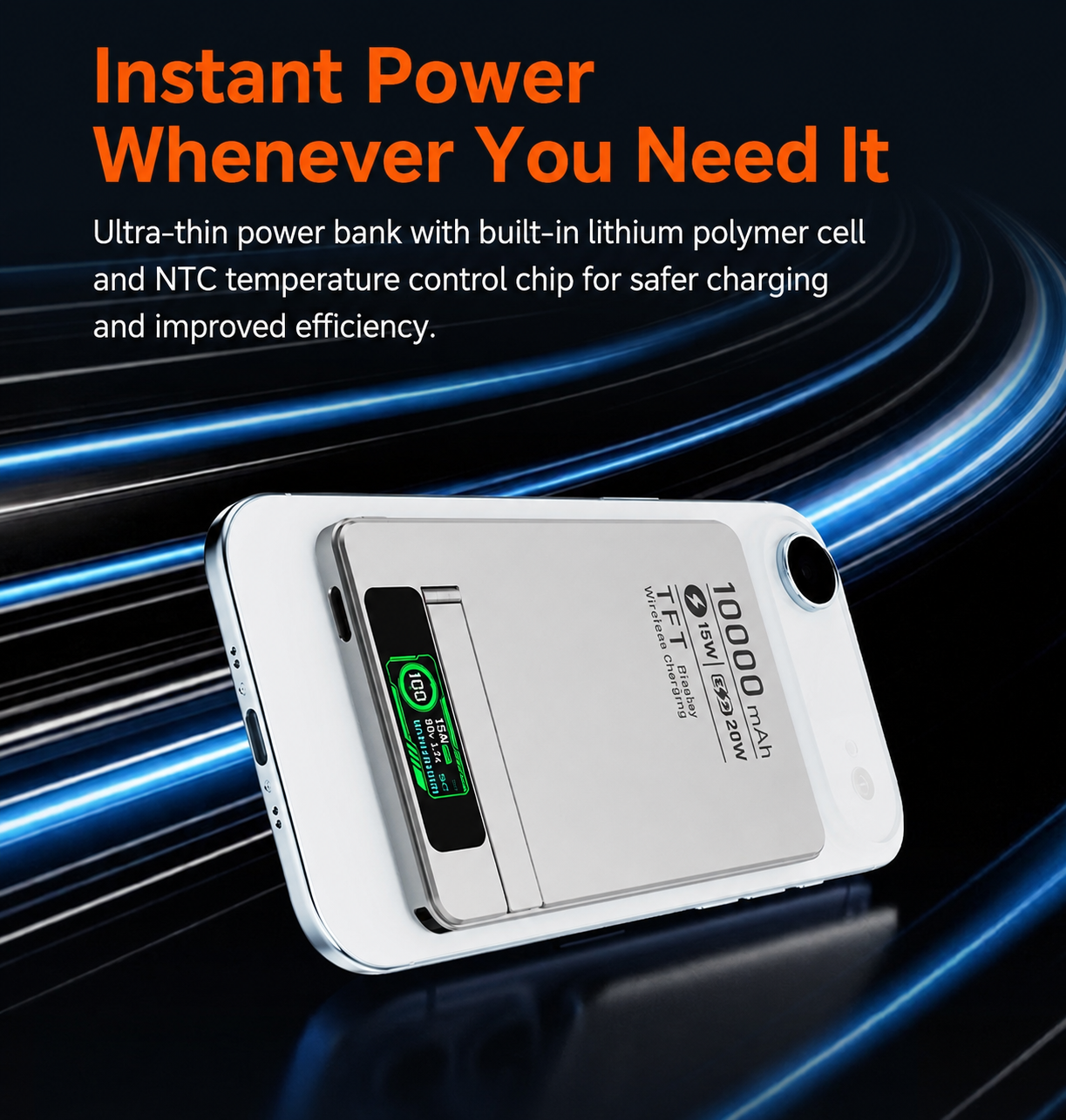 Meenova Ultra-Thin Magnetic MagSafe Power Bank with Stand – 5000mAh 8.5mm / 10000mAh 13.8mm, 15W Wireless Charging, 20W USB-C, TFT Display, Orange/Gray/Silver