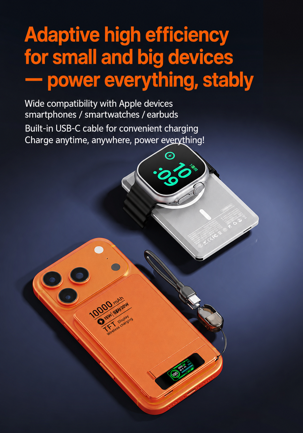 Meenova Ultra-Thin Magnetic MagSafe Power Bank with Stand – 5000mAh 8.5mm / 10000mAh 13.8mm, 15W Wireless Charging, 20W USB-C, TFT Display, Orange/Gray/Silver