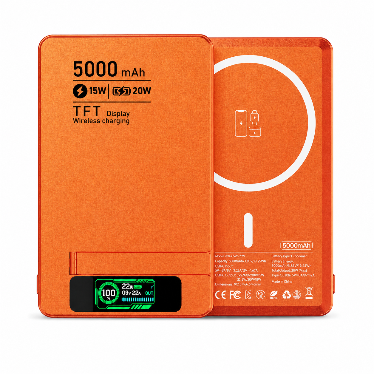 Meenova Ultra-Thin Magnetic MagSafe Power Bank with Stand – 5000mAh 8.5mm / 10000mAh 13.8mm, 15W Wireless Charging, 20W USB-C, TFT Display, Orange/Gray/Silver