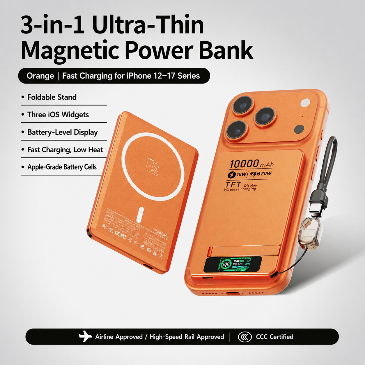 Meenova Ultra-Thin Magnetic MagSafe Power Bank with Stand – 5000mAh 8.5mm / 10000mAh 13.8mm, 15W Wireless Charging, 20W USB-C, TFT Display, Orange/Gray/Silver