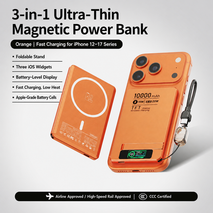 Meenova Ultra-Thin Magnetic MagSafe Power Bank with Stand 10000mAh 13.8mm, 15W Wireless Charging, 20W USB-C, TFT Display, Orange/Gray/Silver
