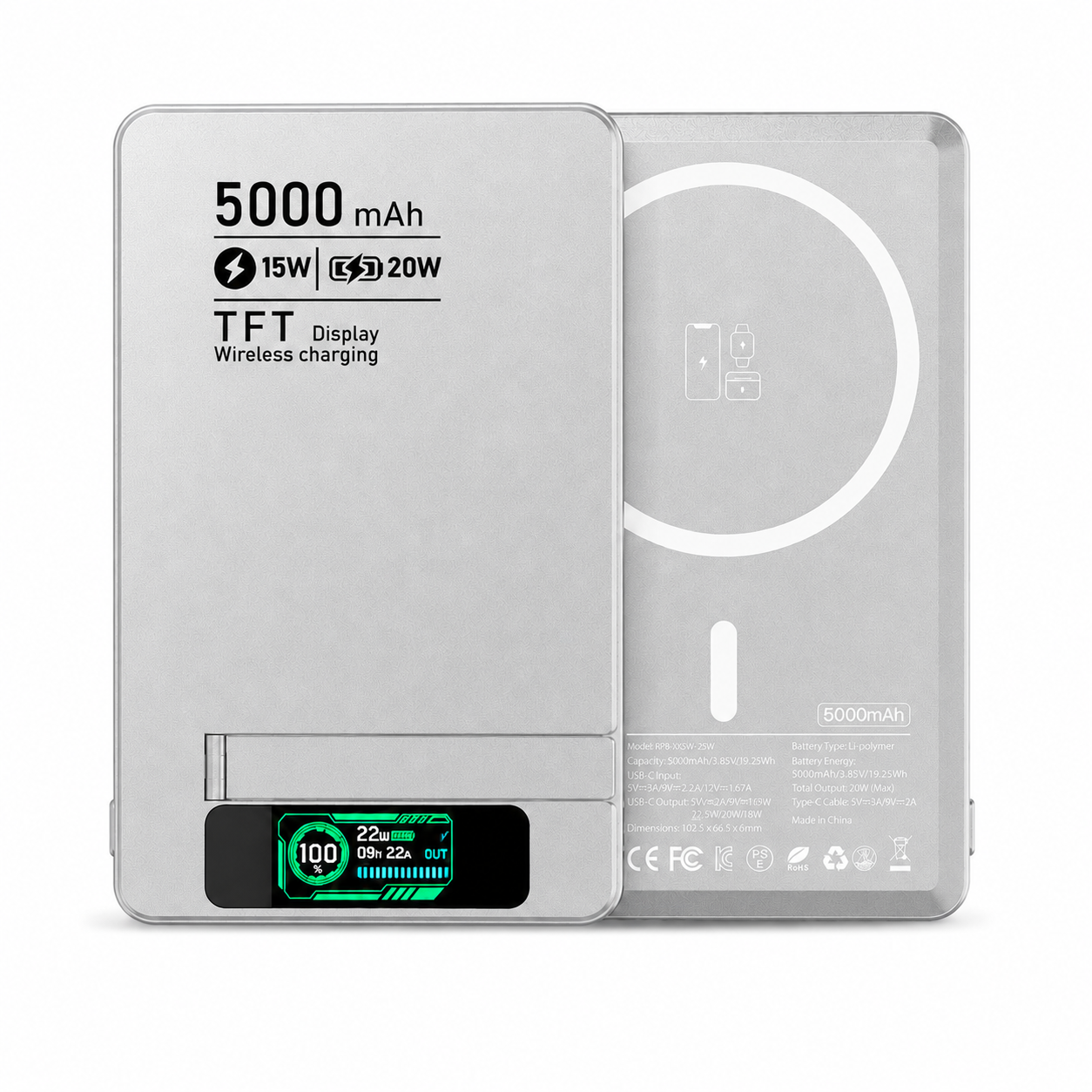 Meenova Ultra-Thin Magnetic MagSafe Power Bank with Stand – 5000mAh 8.5mm / 10000mAh 13.8mm, 15W Wireless Charging, 20W USB-C, TFT Display, Orange/Gray/Silver