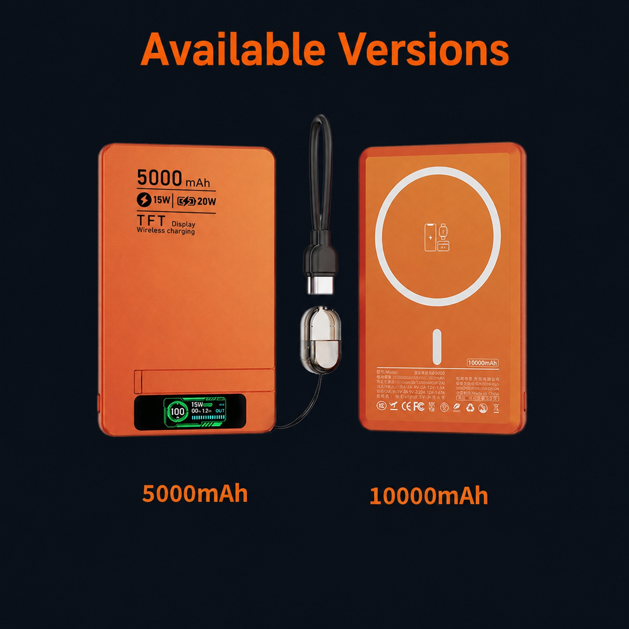 Meenova Ultra-Thin Magnetic MagSafe Power Bank with Stand – 5000mAh 8.5mm / 10000mAh 13.8mm, 15W Wireless Charging, 20W USB-C, TFT Display, Orange/Gray/Silver