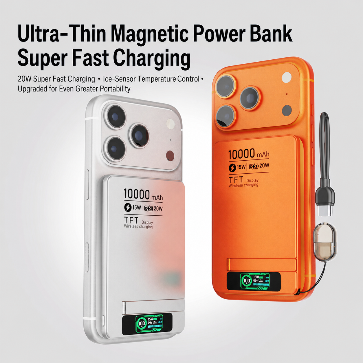 Meenova Ultra-Thin Magnetic MagSafe Power Bank with Stand – 5000mAh 8.5mm / 10000mAh 13.8mm, 15W Wireless Charging, 20W USB-C, TFT Display, Orange/Gray/Silver