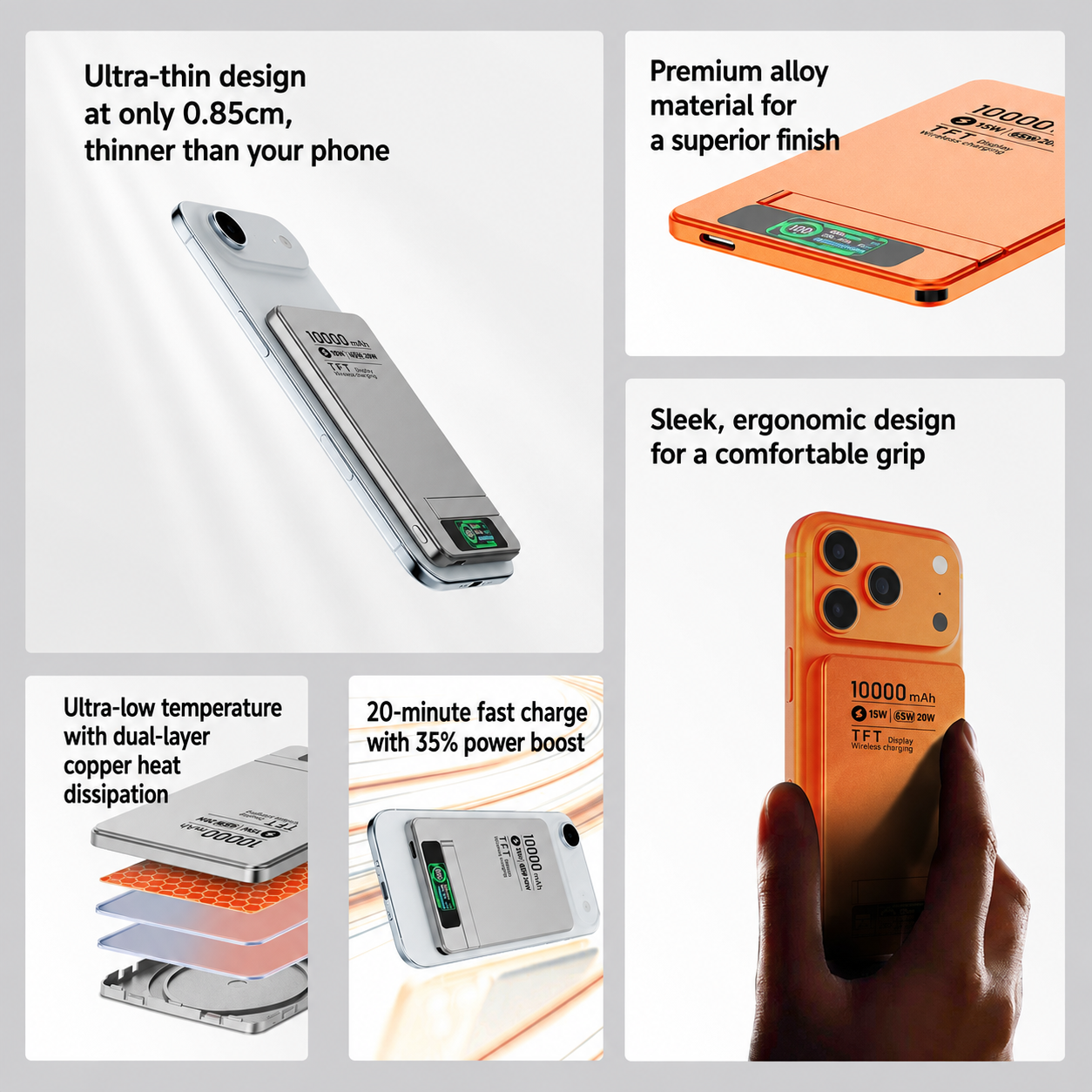Meenova Ultra-Thin Magnetic MagSafe Power Bank with Stand – 5000mAh 8.5mm / 10000mAh 13.8mm, 15W Wireless Charging, 20W USB-C, TFT Display, Orange/Gray/Silver