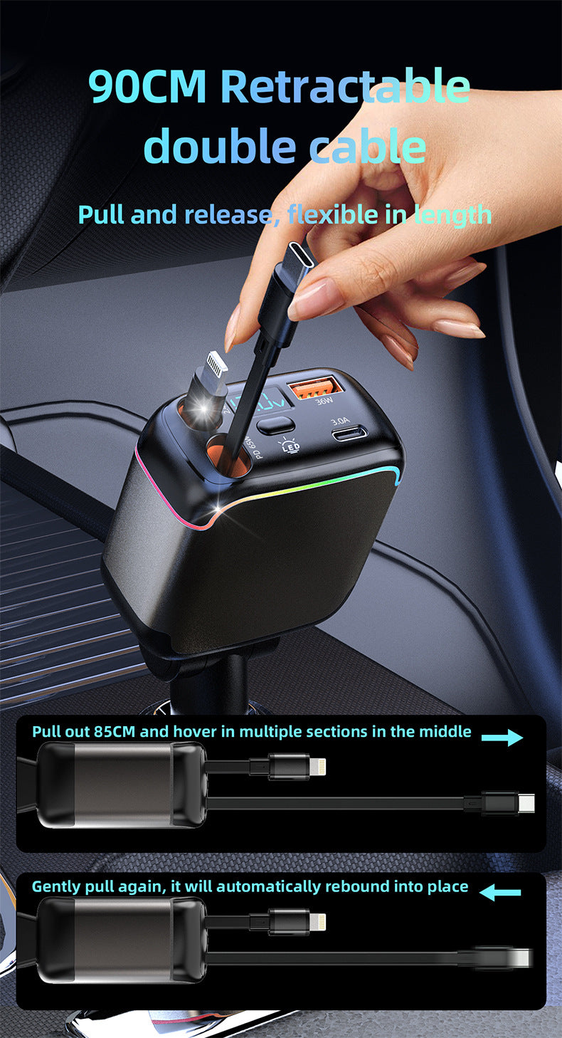 Meenova N28 137W 4-in-1 Retractable Car Charger with 65W USB-C Cable, Lightning-Compatible Cable, Voltage Display & Ambient Light