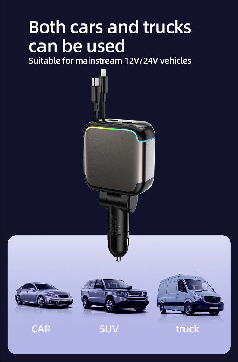 Meenova N28 137W 4-in-1 Retractable Car Charger with 65W USB-C Cable, Lightning-Compatible Cable, Voltage Display & Ambient Light