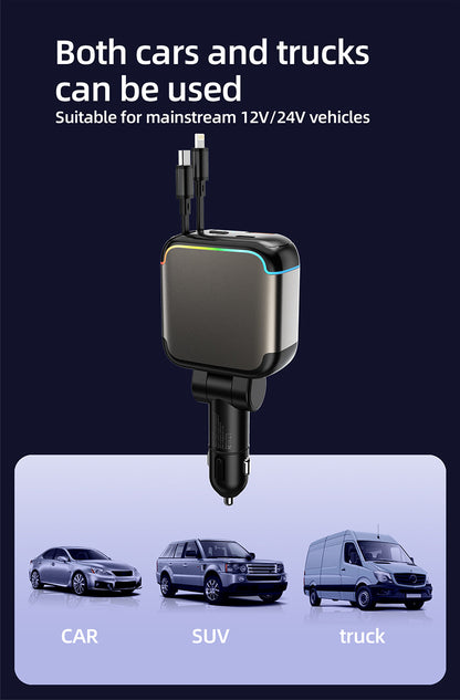 Meenova N28 137W 4-in-1 Retractable Car Charger with 65W USB-C Cable, Lightning-Compatible Cable, Voltage Display & Ambient Light