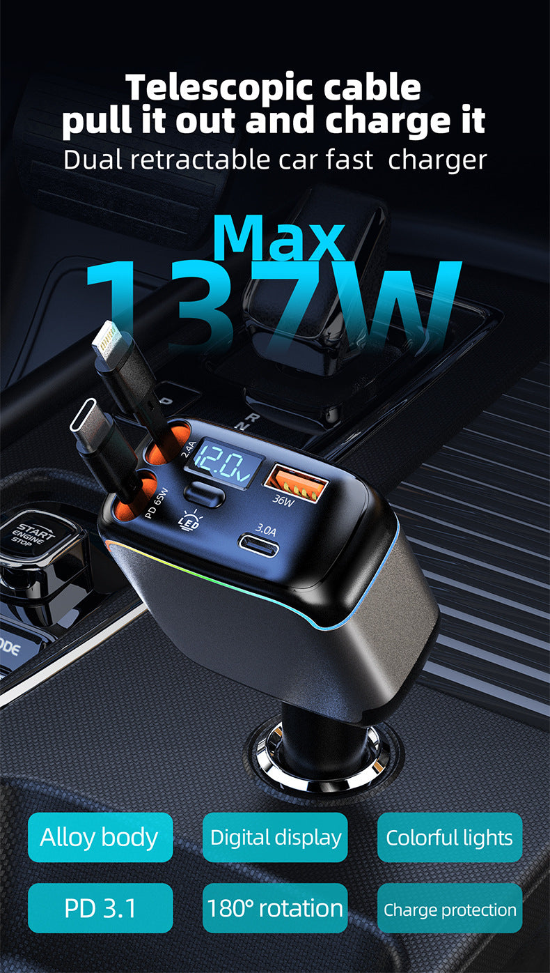 Meenova N28 137W 4-in-1 Retractable Car Charger with 65W USB-C Cable, Lightning-Compatible Cable, Voltage Display & Ambient Light