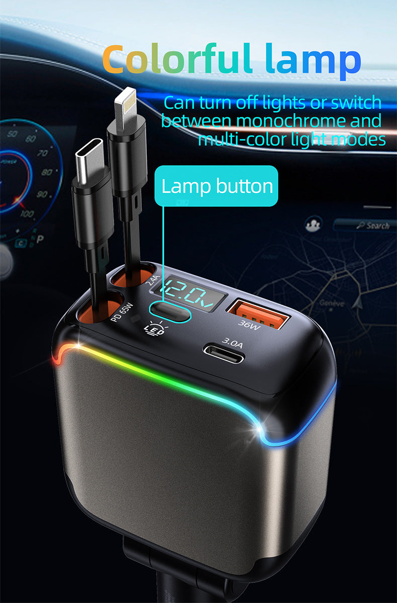 Meenova N28 137W 4-in-1 Retractable Car Charger with 65W USB-C Cable, Lightning-Compatible Cable, Voltage Display & Ambient Light