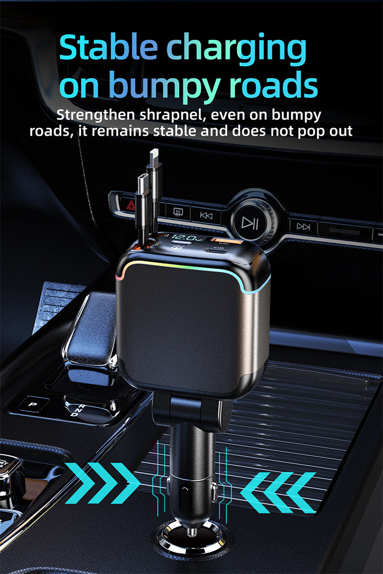 Meenova N28 137W 4-in-1 Retractable Car Charger with 65W USB-C Cable, Lightning-Compatible Cable, Voltage Display & Ambient Light