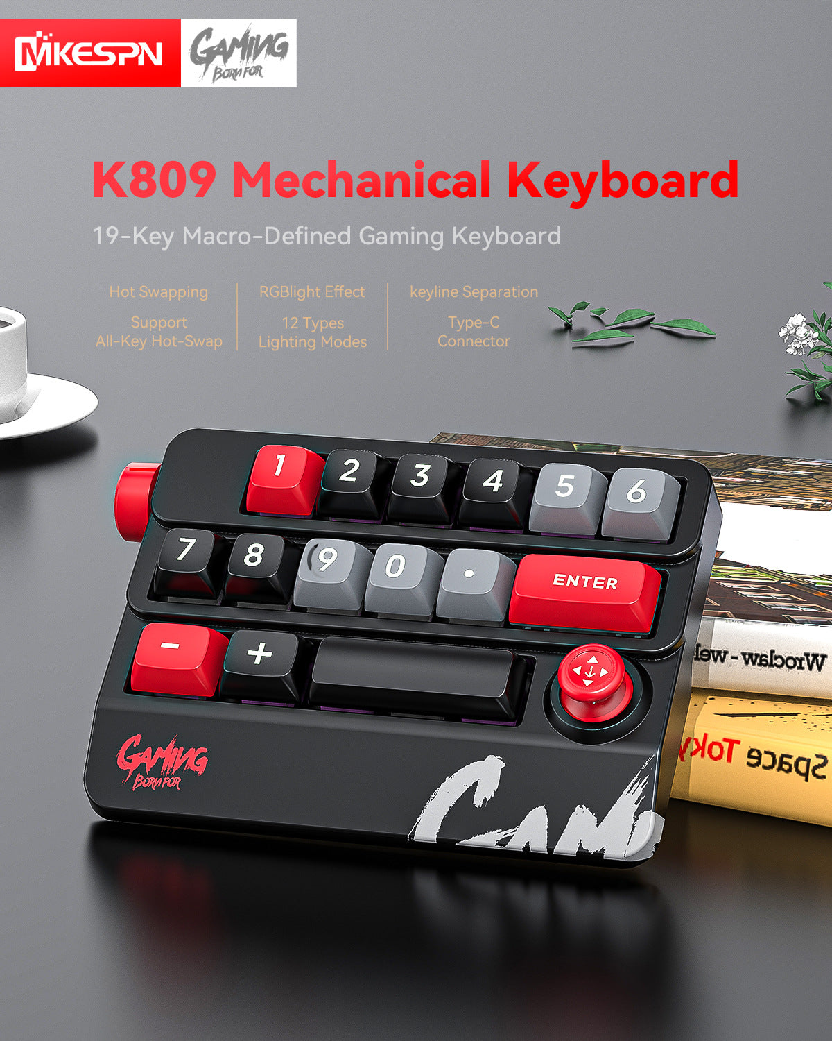 Meenova K809 15-Key Mechanical Numeric Macro Keypad with Joystick, Rotary Knob, Hot-Swappable Red Switches, RGB & Onboard Memory