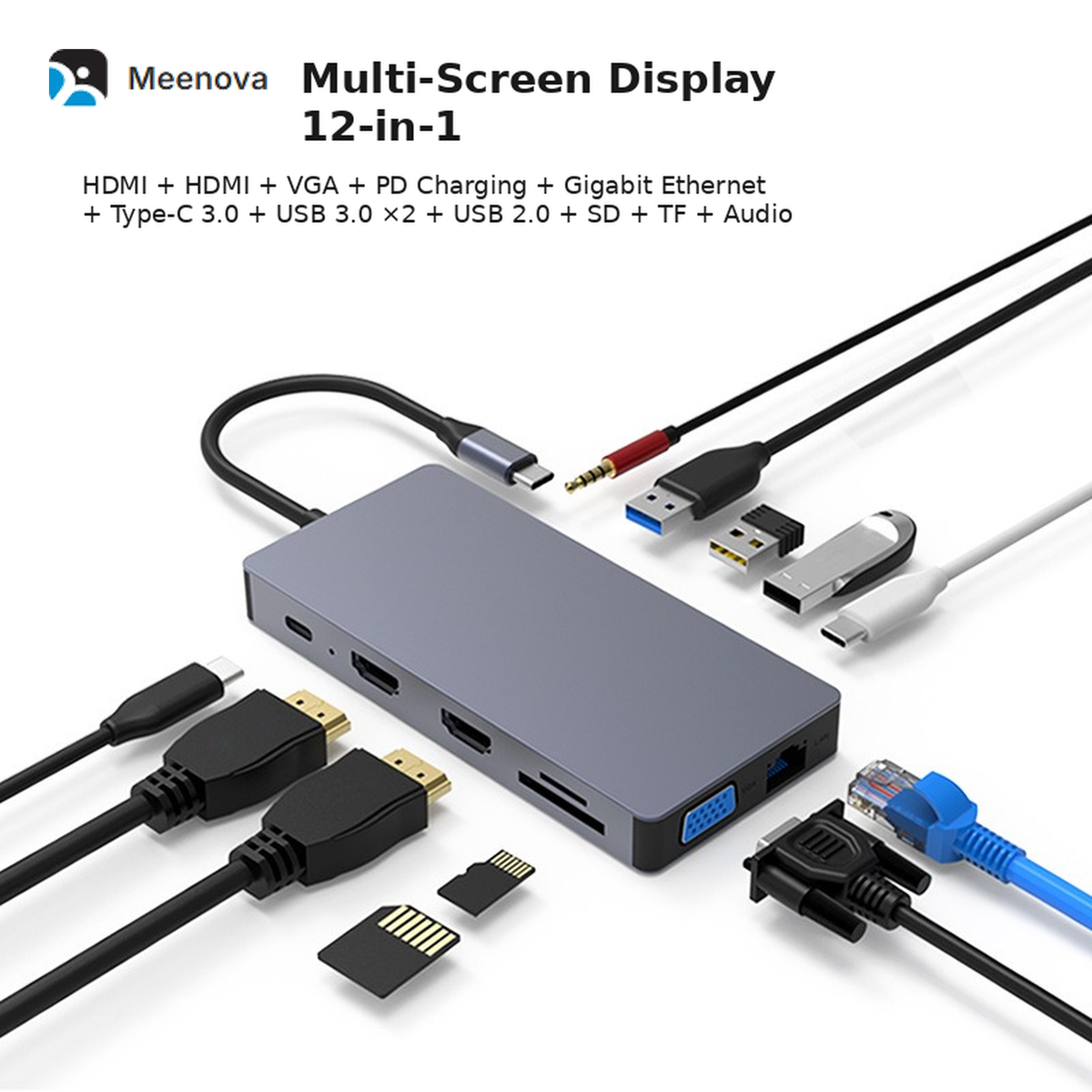 Meenova 12-in-1 USB-C Docking Station with Dual HDMI, VGA, 100W PD, Gigabit Ethernet, SD TF Card Reader, MST Triple Display Laptop Hub
