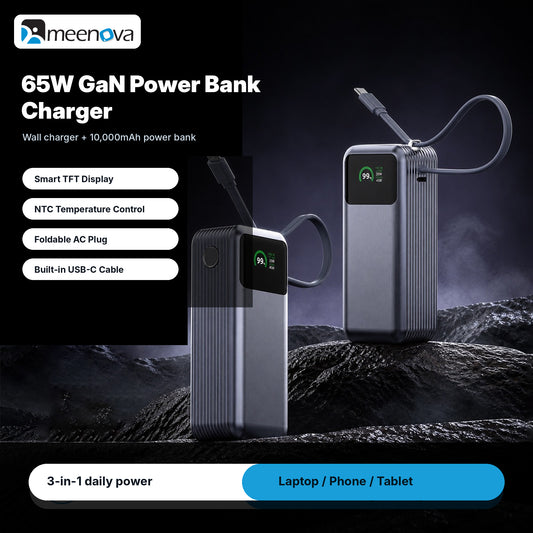 Meenova 65W Charger Power Bank 10000mAh, 2-in-1 USB-C Portable Battery Pack with Built-in Cable, Foldable Wall Plug & Smart Display