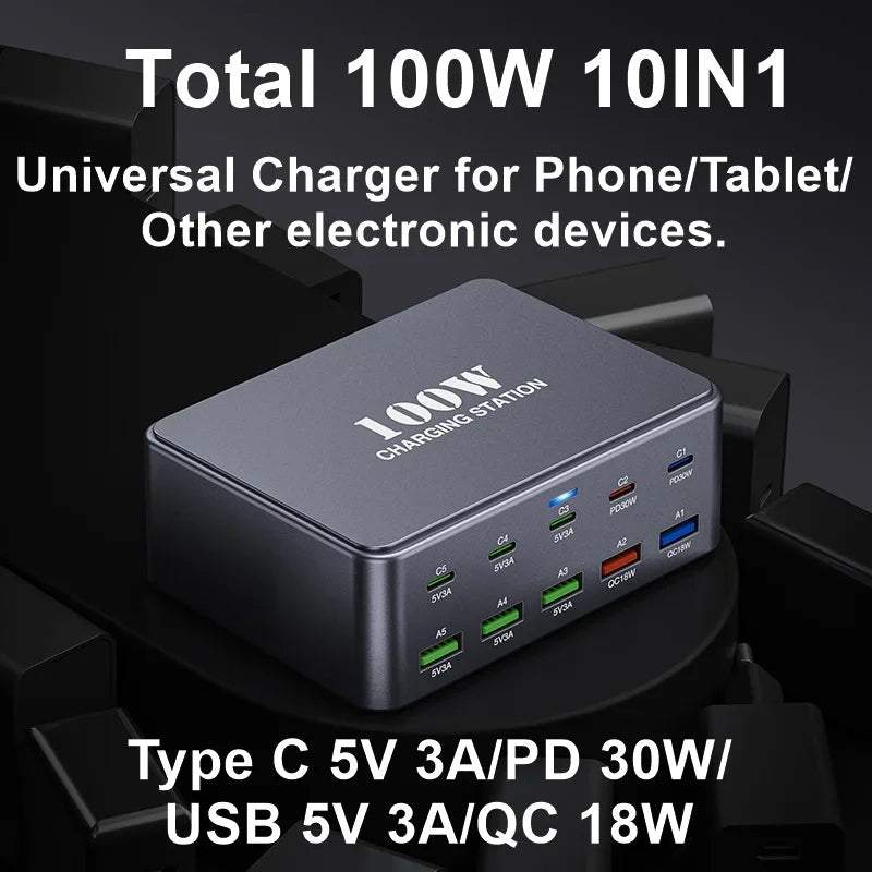 100W Universal Multi USB Type C Charger 10 Port USB QC3.0 PD Charging Station For Ipad Iphone 16 15 14 13 Pro Max Samsung Tablet
